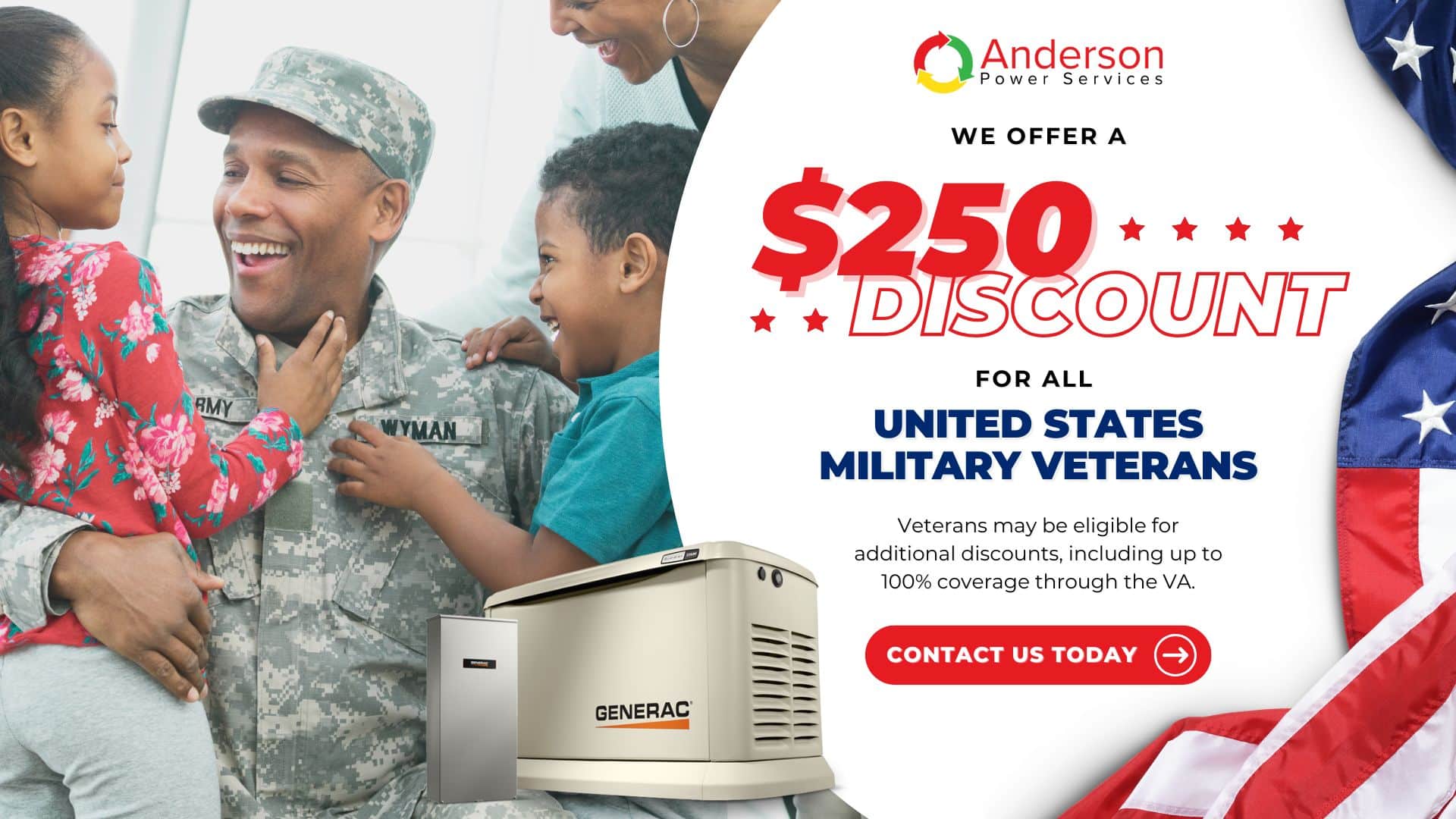 generactor discount graphic with a man in military uniform with a child and a generator