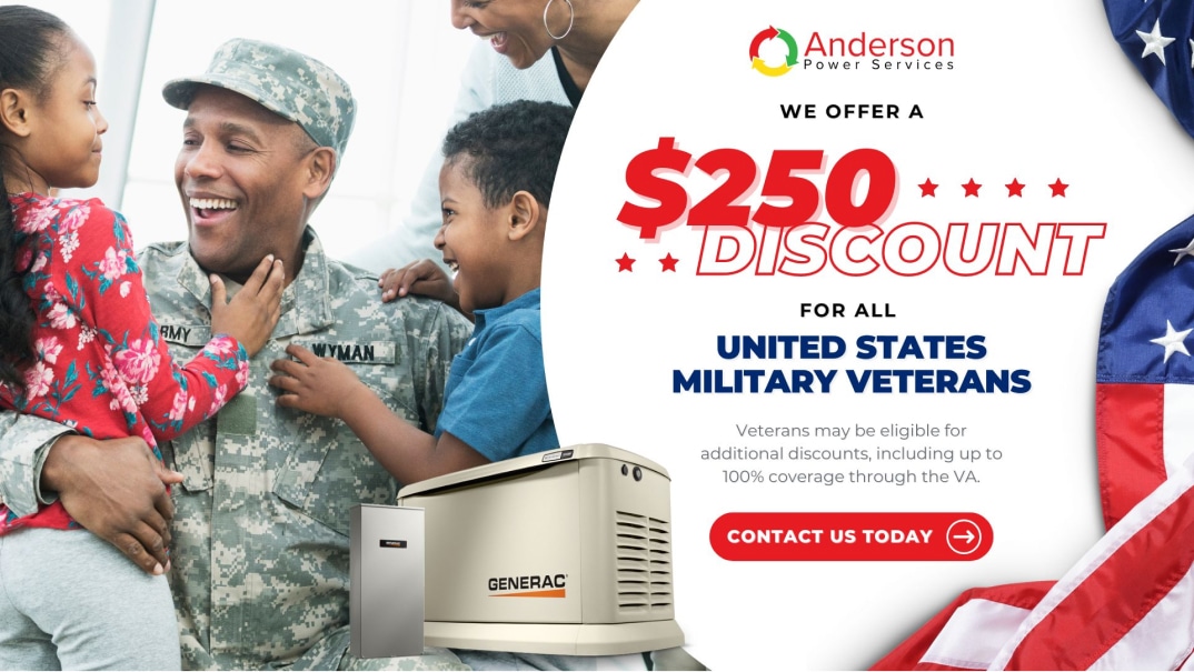 veterans coupon a man in military uniform with a child and a generator