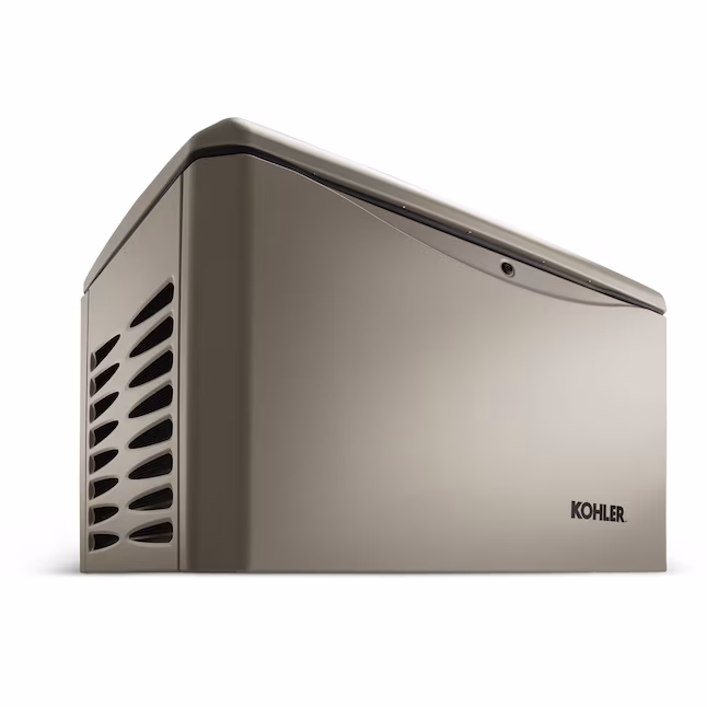 Kohler RCAL 14,000 Watt Dual Fuel Home Standby Generator with automatic transfer switch, showcasing a sleek aluminum enclosure and ventilation slots for efficient operation.