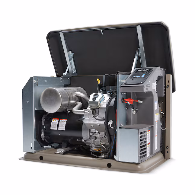 Kohler RCAL 26,000 Watt dual fuel home standby generator with automatic transfer switch, showcasing engine and control panel features.