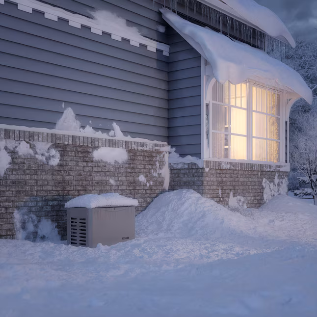 Home with snow-covered ground and Kohler RCAL 14,000 Watt Dual Fuel generator visible beside the house, showcasing winter readiness for power backup.