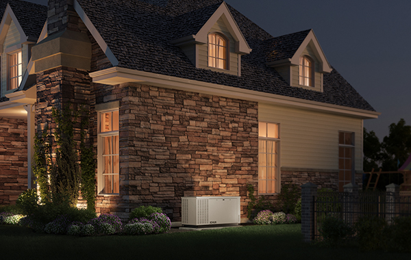 dim lit house with generator on the side